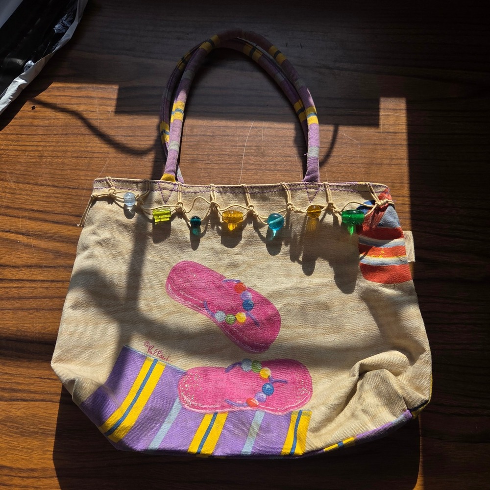 Paul Brent Beach Tote Bag Flip Flop Graphic Beaded Canvas Purple Yellow Stripe